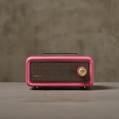 Fototapeta premium Vintage Pink Radio on Wooden Table with Gray Wall