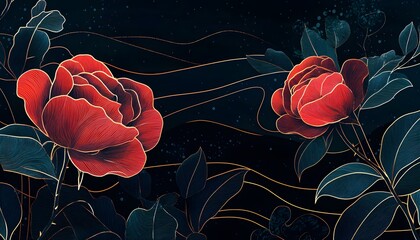 A stunning illustration of two red roses with intricate gold detailing against a dark background with subtle gold line patterns. The image evokes a sense of elegance, luxury, and romance, making it pe