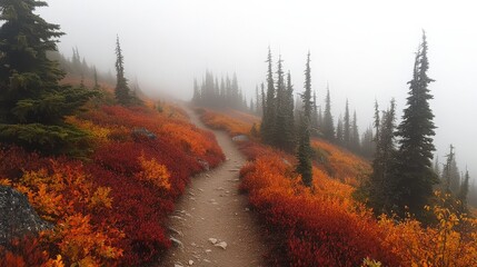 A foggy mountain trail with vibrant trees lining the path, inviting exploration.