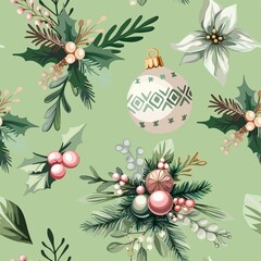 Happy New Year, Merry Christmas - a seamless pattern of isolated illustrations (Christmas tree decorations, New Year decor) on a colored background. Digital illustration for advertising,wrapping paper