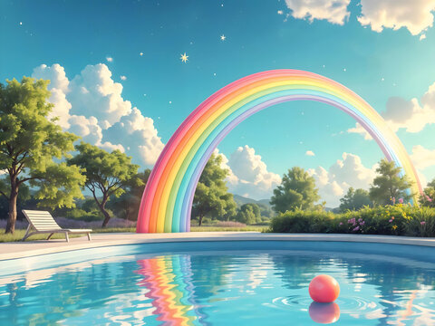 Dreamy Pool with Rainbow and Pink Flamingo Tube 3D rendering illustration