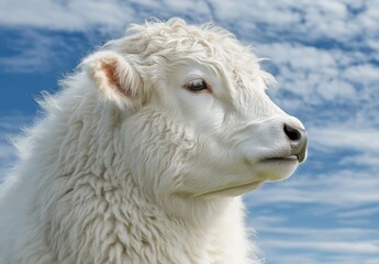 Fototapeta premium Majestic White Sheep Profile Against a Blue Sky with Fluffy Clouds, Captured in Natural Light, Showcasing the Beauty and Texture of Its Woolly Coat