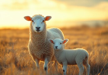 Obraz premium Mother sheep and her adorable lamb stand together in a golden field during sunset, showcasing the beauty of nature and the bond between them, perfect for pastoral themes.