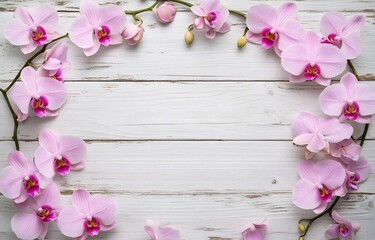 A beautiful arrangement of pink orchids creates a delicate frame on a rustic white wooden background. The vibrant colors and elegant blooms make this image perfect for spa and wellness themes.