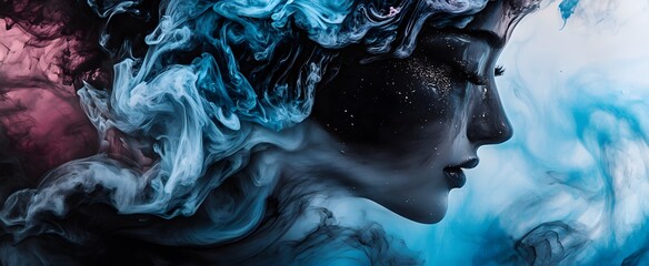 A surreal and abstract portrait of a woman’s face emerging from swirling blue and black ink, creating a dreamlike and mystical effect. Perfect for artistic projects, digital storytelling, and fantasy-