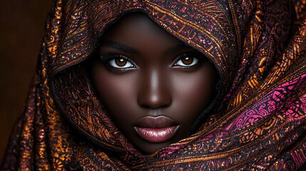 Elegant African woman, patterned headscarf, studio portrait, intense gaze, fashion