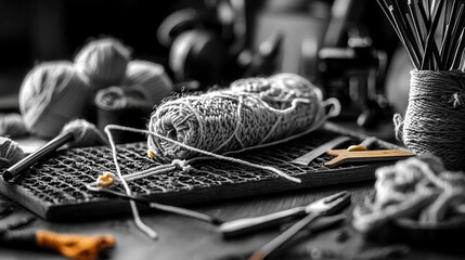 Crafting tools and yarn arranged on workspace, showcasing creativity and inspiration