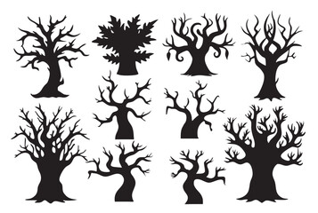 Eerie tree set silhouette design black symbol eerie tree icon vector art design