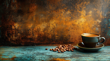 Warm cup of coffee beside roasted beans on a rustic surface illuminated by soft light