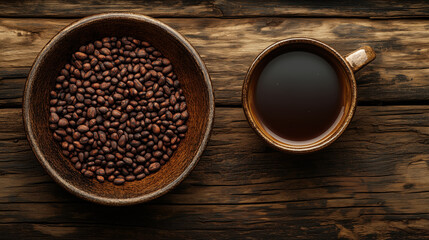 Coffee beans and brewed coffee placed on a rustic wooden table display a rich blend of textures and colors