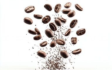 Obraz premium Dynamic flying coffee beans in motion with scattered grains isolated on a clean white background for beverage and cafe themes