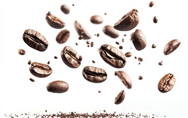 Scattered coffee beans in motion with vibrant energy, freshness, and rich aroma perfect for coffee and gourmet food themes