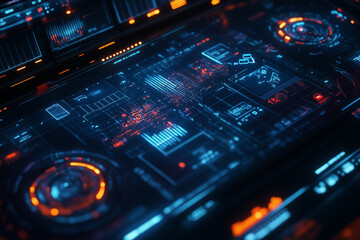 Obraz premium Futuristic Digital Interface With Glowing Blue and Orange Data Streams