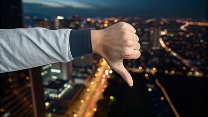 Double Exposure Dislike: Hand Gesturing Thumbs Down Over Cityscape