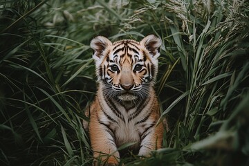 Obraz premium Young tiger resting amidst lush green grass, showcasing its playful nature in a serene environment