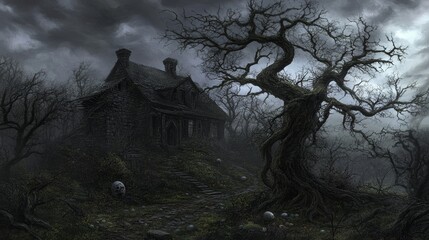 Dark House, Gloomy Woods, Spooky Skull Scene