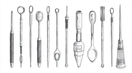 Illustration of various crochet tools, including hooks and accessories, showcasing intricate details and craftsmanship