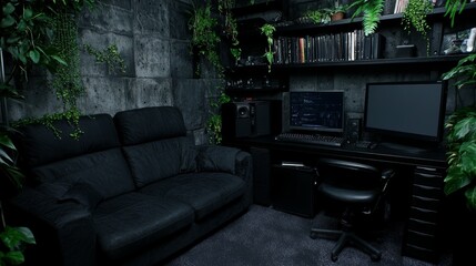 Dark Minimalist Home Office with Lush Greenery