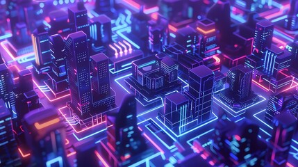Obraz premium A futuristic cityscape rendered with a cyberpunk aesthetic.
