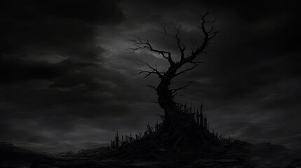 Fototapeta premium Dark Night, Barren Tree Over Ruins, Gloomy Landscape