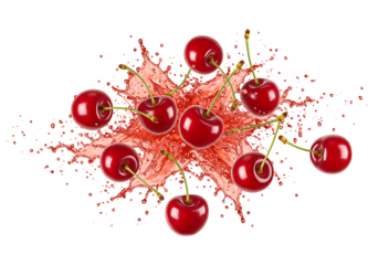 fresh ripe cherry with cherry juice splash isolated on transparent background