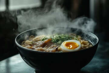 traditional japanese ramen bowl with rich miso broth, tender pork belly, soft-boiled egg, nori, and green onions, steam rising dramatically in moody lighting