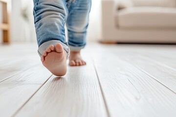 Close up Baby feet walking barefoot on clean white wooden floor at home. Baby child legs in jeans standing on warm floor. Underfloor heating. First step. Infant bare feet. Toddler kid learning to walk