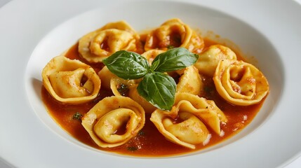 Tortellini in tomato sauce garnished with fresh basil.