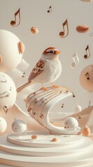 Fototapeta premium Surreal bird on giant guitar string with floating musical notes