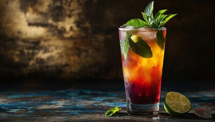 colorful top-down view of a mojito cocktail in a tall glass, showcasing fresh mint and lime, set against a stylish bar backdrop with plenty of copy space