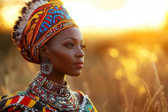 traditional zulu warrior princess in vibrant beaded ceremonial attire, adorned with intricate patterns and symbolic jewelry, photographed against african savanna at golden hour
