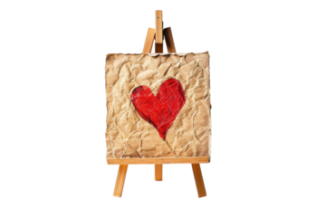 A vibrant red heart painted on crumpled paper displayed on a wooden easel in a minimalist artistic setting isolated on transparent background
