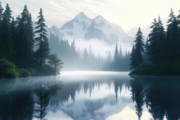 tranquil mountain lake reflection at dawn, mist hovering over crystal water, surrounded by towering evergreens, photorealistic 3d rendering