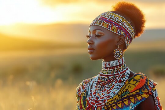 traditional zulu warrior princess in vibrant beaded ceremonial attire, adorned with intricate patterns and symbolic jewelry, photographed against african savanna at golden hour