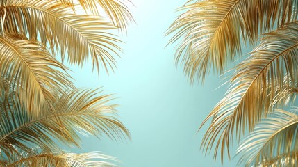 Obraz premium Golden palm fronds frame turquoise background.