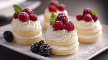 Elegant gourmet desserts showcase layers of fluffy cake, rich cream, and fresh berries. Each piece is meticulously presented, inviting indulgence and sophisticated enjoyment in a stylish setting