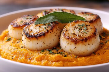 Scallop: A fine dining seafood delicacy. Seared scallops on creamy pumpkin puree with herbs.