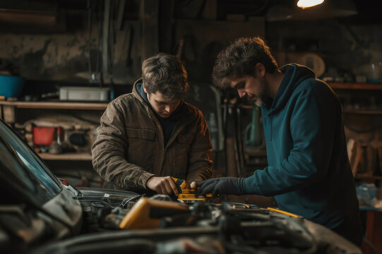 Father and teenage son working together in a garage, learning car engine repair skills while bonding over hands on maintenance