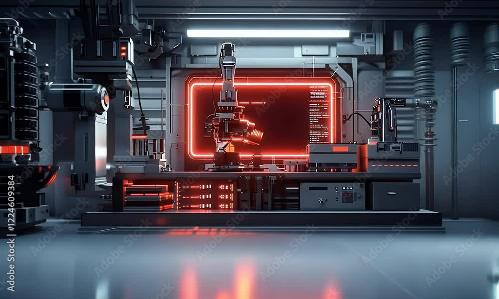 Leinwandbilder Futuristic robot arm works in a sci-fi lab; red screen displays data; use for tech, industry
