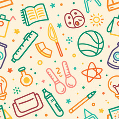 Colorful doodle pattern with school and sports items.