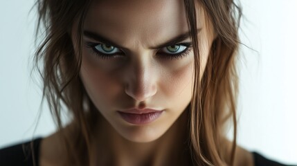 Fototapeta premium A woman with an intense stare focused directly at the camera, isolated on a plain background. AI generated