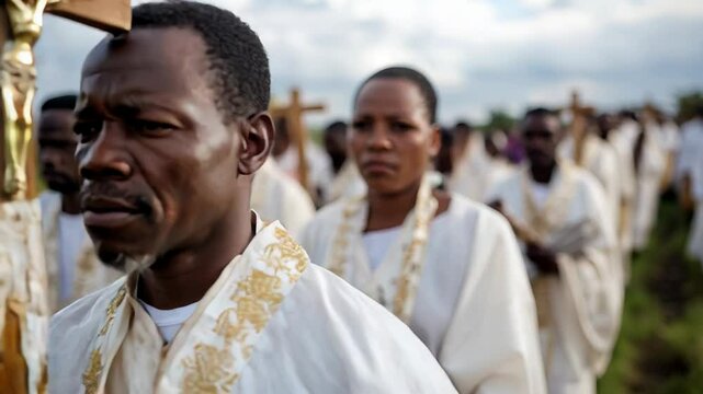 Spiritual Baptist Liberation Day Religious procession in white robes with adorned cross in traditional ceremony