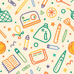 Colorful seamless pattern with stationery, fruits, and sports items.