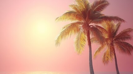 Two palm trees, sunset, ocean.