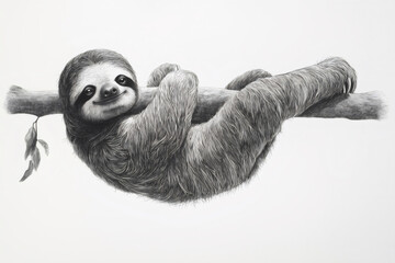 Fototapeta premium Detailed graphite drawing of a smiling sloth hanging from a tree branch, enjoying its peaceful life in the rainforest