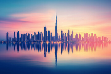 Pink and Purple City Skyline Reflection at Sunset