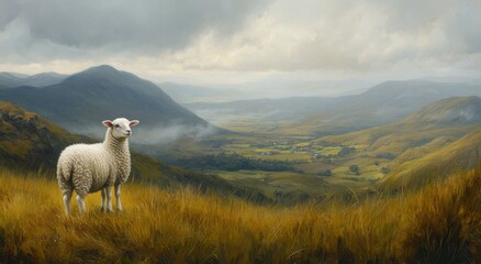 Fototapeta premium Serene Pastoral Landscape with a Sheep in Rolling Green Hills Under a Dramatic Cloudy Sky Reflecting the Beauty of Nature in a Tranquil Environment
