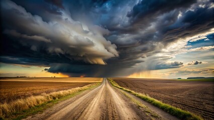 Fototapeta premium Dramatic Hurricane Clouds over Rural Dirt Road and Farmland - Minimalist Photography