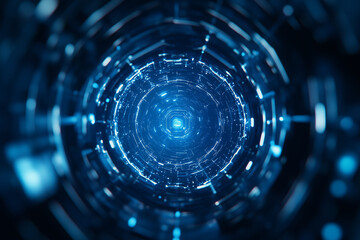 Fototapeta premium Abstract Blue Digital Tunnel With Glowing Particles and Hexagonal Structure
