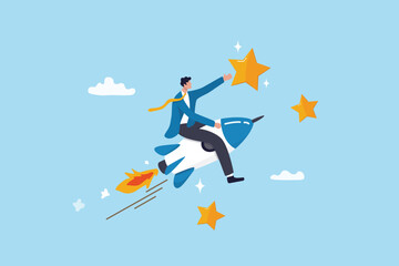 Success achievement, boost growth development to reach target, leadership to win business challenge, startup, entrepreneur or ambition to win, businessman riding fast rocket to reach success star.
